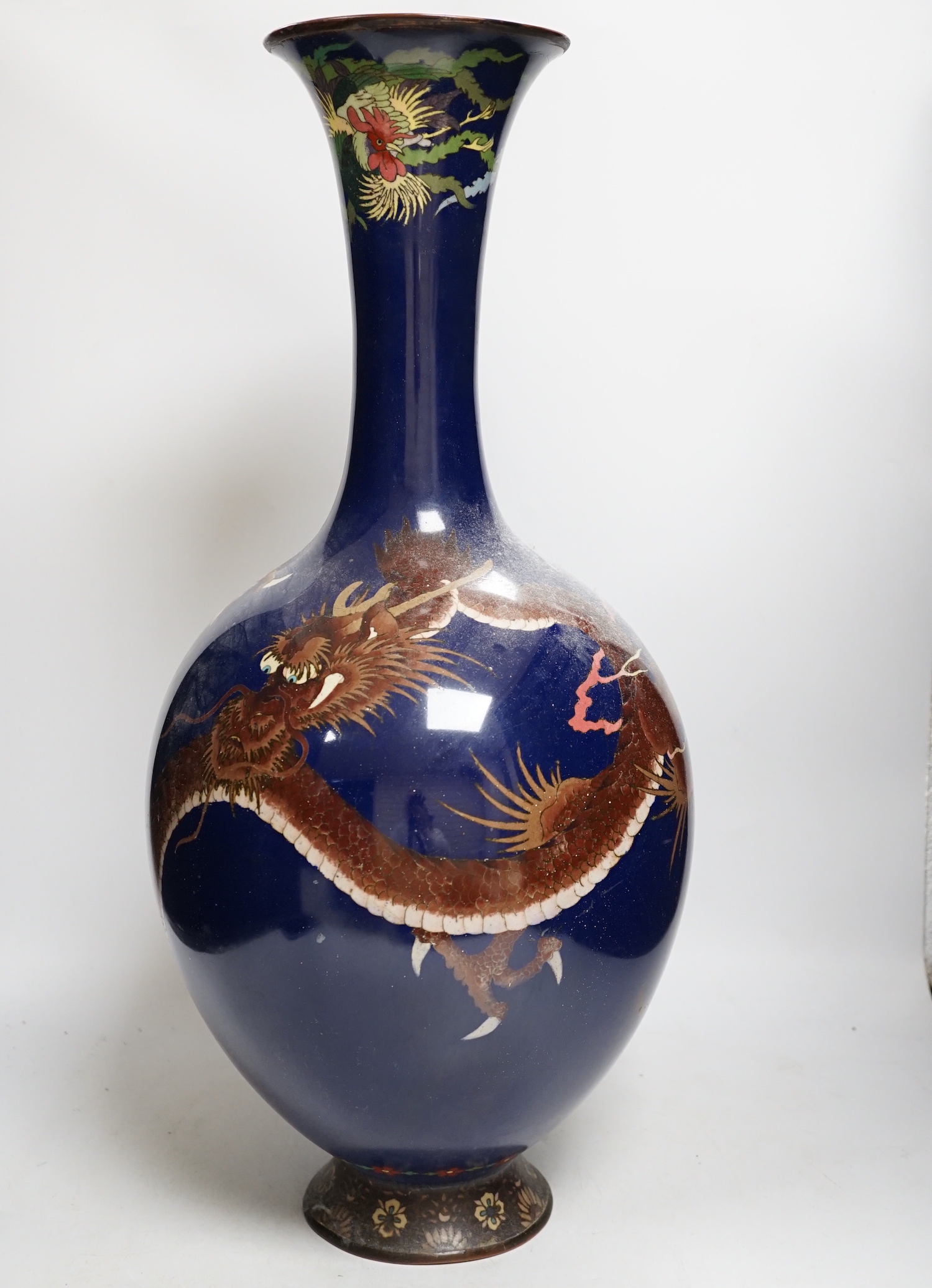 A large Japanese cloisonne enamel 'dragon' bottle vase, 59cm (restored)